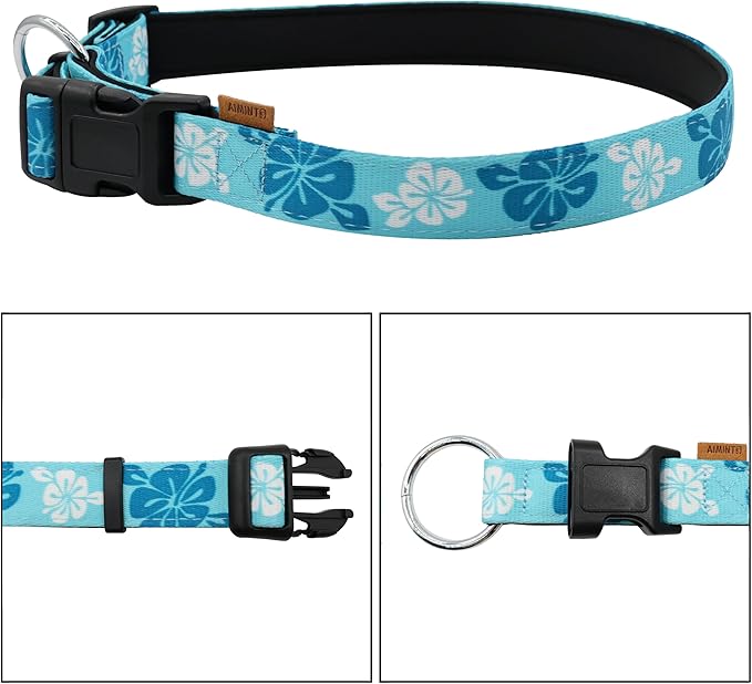 Dog Collar, Cute Floral Pattern, Neoprene Padded and Adjustable Collar with Quick Release Buckle, Reinforced Structure (L (Neck 18-28", Width 1"), Hawaiian Blue)