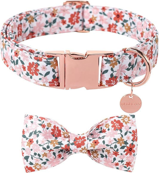 Dog Collar with Bow Tie,Flower Bow Dog Collar with Adjustable Buckle,Cotton Floral Puppy Collar for Small,Medium,Large Dogs