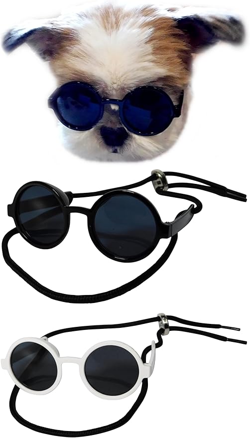 G016 Dog Cat Pet Round Sunglasses Goggles for Small Breed Dogs up to 15lbs (2-Pack Black +White)