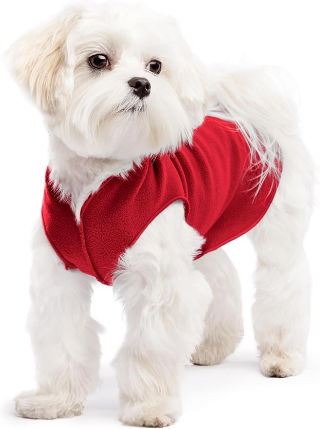 Stretch Fleece Dog Coat, Stretchy Pet Sweater, Machine Washable Pullover for Winter and Fall, Red, 8