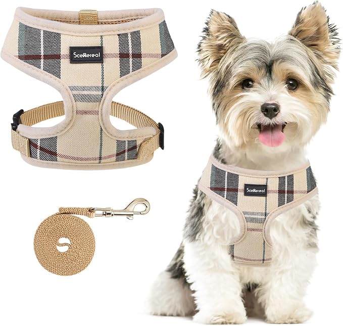 SCENEREAL Puppy Dog Harness with Leash Set for Small Medium Dogs, Soft Mesh Step in Pet Harnesses and Leash, No Chock Plaid Adjustible No Pull Vest