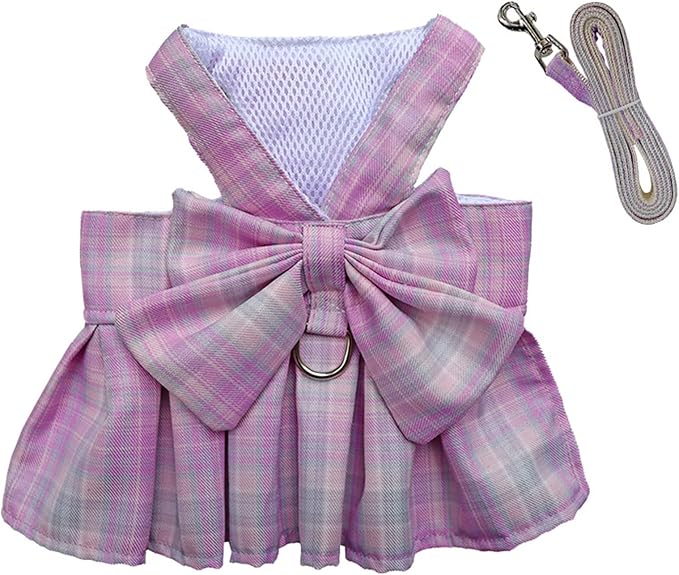 Dog Harness and Leash Set, Cute Bow Tie Plaid Harnesses for Puppy Cat, Adjustable Pet Kitties Vest, Breathable Harness Traction Rope for Boy Girl Small Animal(Skirt Light Pink,2XL for 15.4-22lbs Dog)