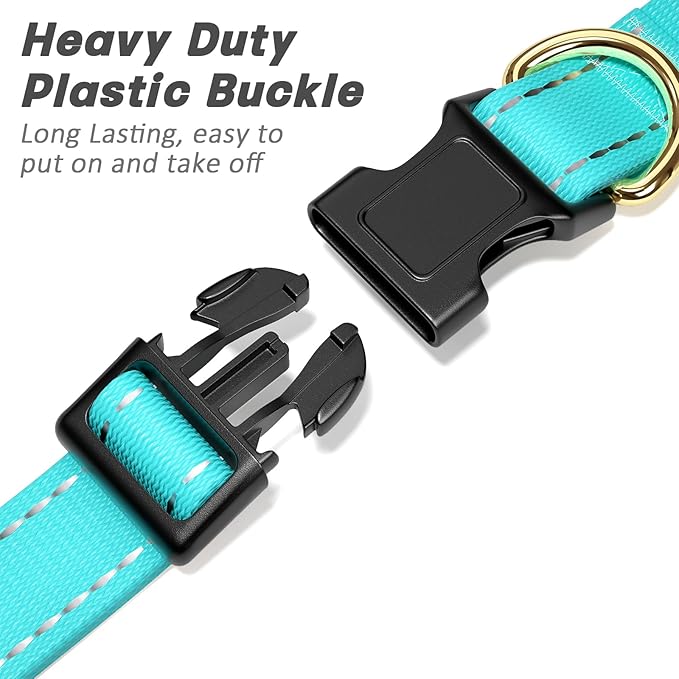 Reflective Dog Collar for Large Dogs, Cute Adjustable Heavy-Duty Nylon Puppy Collars for Boy and Girl Female, Soft Pet Accessories with Quick Release Buckle, Neck 16-24", Turquoise