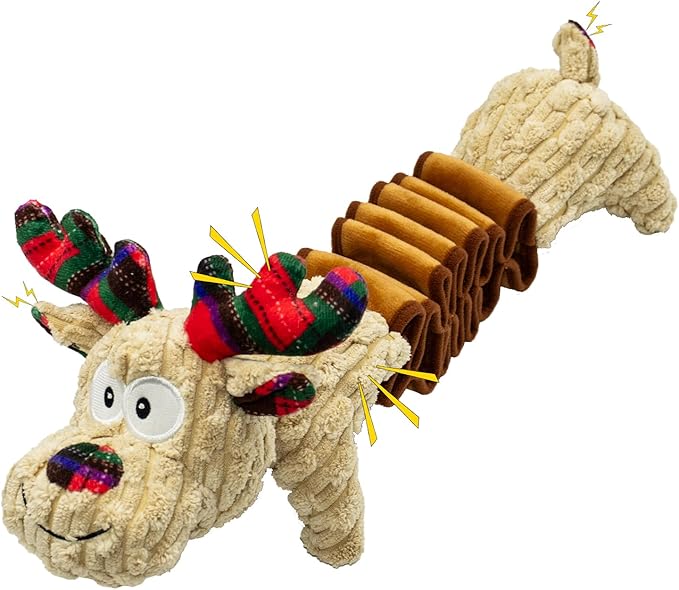 Dog Toys Deer Squeaky Interactive Puppy Teething Chew Toy with Crinkle Sound Paper Tail Stuffed PP Cotton,Keep Them Busy, Christmas Pet Gift Large Medium Small Breeds Indoor Play