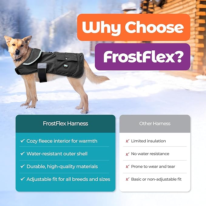 Joyride Harness FrostFlex Dog Winter Jacket - Fleece Lined & Water-Resistant - Snowsuit with Pockets for Treats & Poop Bags - Durable Cold Weather Dog Coat - Black Onyx-XXL