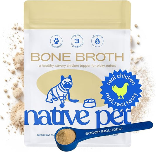 Native Pet Bone Broth for Dogs and Cats - Chicken Bone Broth Powder Dog Food Toppers for Picky Eaters - Provides Extra Nutrition for Joint Strength, Immune Support & Heart Health - 192 Scoops