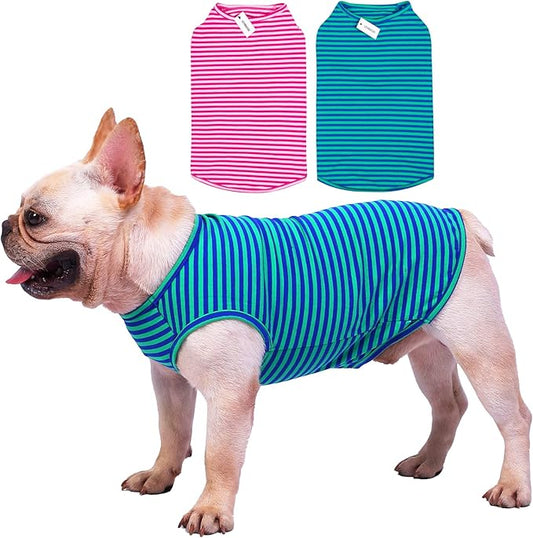 Dog Shirts Cotton Striped T-Shirts, Breathable Basic Vest for Puppy and Cat, Super Soft Stretchable Doggy Tee Tank Top Sleeveless, Fashion & Cute Color for Boys and Girls (M, Pink+Green)