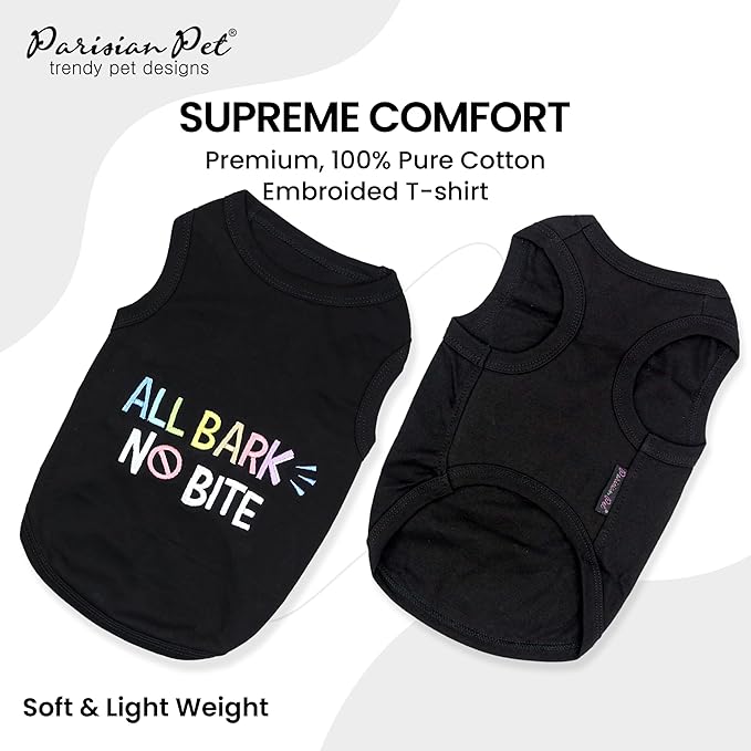 Parisian Pet Dog T-Shirt - Embroidered ' All Bark No Bite ' 100% Cotton, Doggy Clothes - Sleeveless Pet Vest - Machine Washable Shirt for Large Dogs - 2XL
