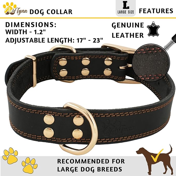 ADITYNA Heavy Duty Leather Dog Collar for Large Dogs - Soft and Strong Leather Collar for Walking and Training (Black - Gold Colored Buckle, Large: Fit 17" - 23" Neck)