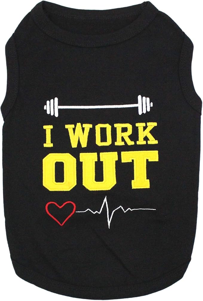 Parisian Pet Embroidered 'I Work Out' Tshirt - 100% Cotton Lightweight Dog Clothes - Sleeveless Black Tee - Machine Washable Shirts for Small Dogs - Pet Vest - XS