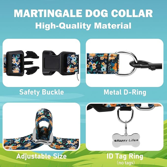 Reflective Martingale Dog Collar with Buckle Soft Nylon Floral No Slip Dog Collars for Large Dogs (Black Orange Flowers, L)