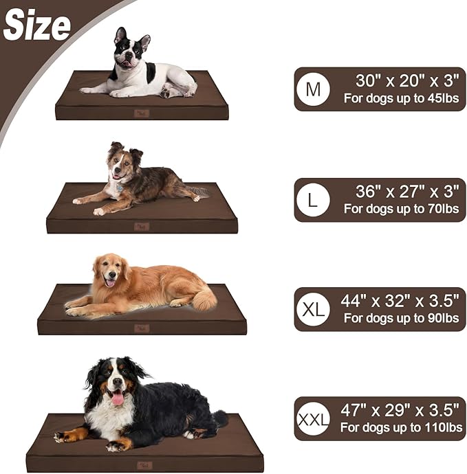 Outdoor Dog Bed Waterproof, Outside Cooling Dog Bed for Medium Dogs, Orthopedic Egg Foam Pet Bed with Removable Washable Oxford Cover, Brown