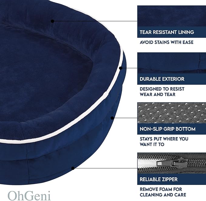 OhGeni Orthopedic Dog Couch Large Sized Pet Beds for Fathers Gifts with Comfort Foam Support, Soft Indestructible Fabric, Machine Washable Waterproof Removable Cover, 35-Inch (Dark Blue)