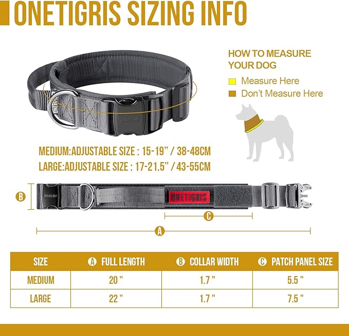 OneTigris Tough Dog Collars, Tactical Dog Collar with Handle, Milltary Adjustable Dog Collar with Heavy Duty Metal Buckle for Training (Large,Gray)