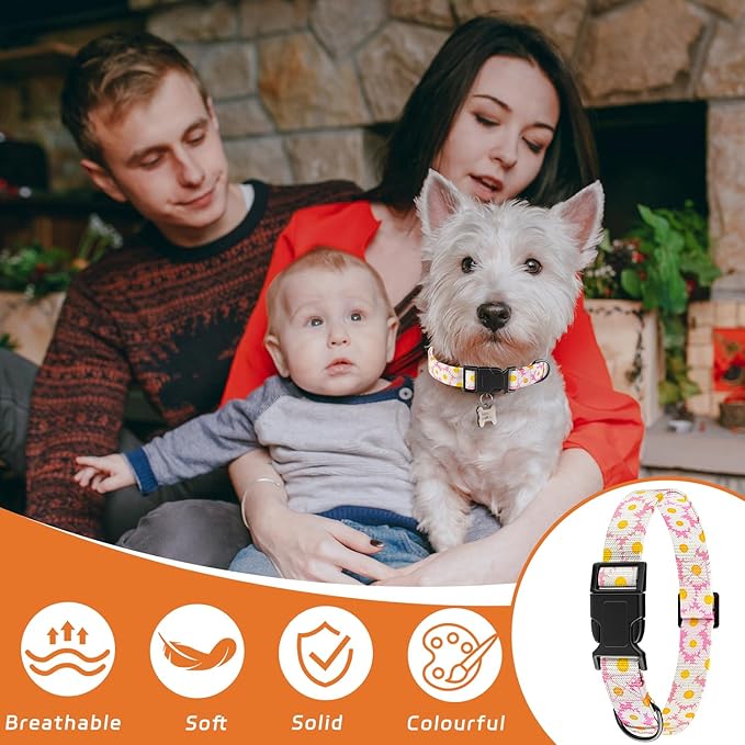 Dog Collar, Daisy Floral Puppy Collar for Boys Girls Small Medium Large Dogs, Adjustable Soft Pet Collar Fancy Floral with Quick Release Buckle for Males Females, Pink Daisy,M