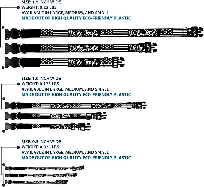 Dog Collar Plastic Clip Americana Flag We The People Black White 8 to 12 Inches 0.5 Inch Wide