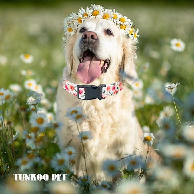 Tunkoo Flower Dog Collar with Rose Cute Adjustable Premium Cotton Collar Durable Plastic Buckle for Small Medium Large Boys Girls Dogs, S