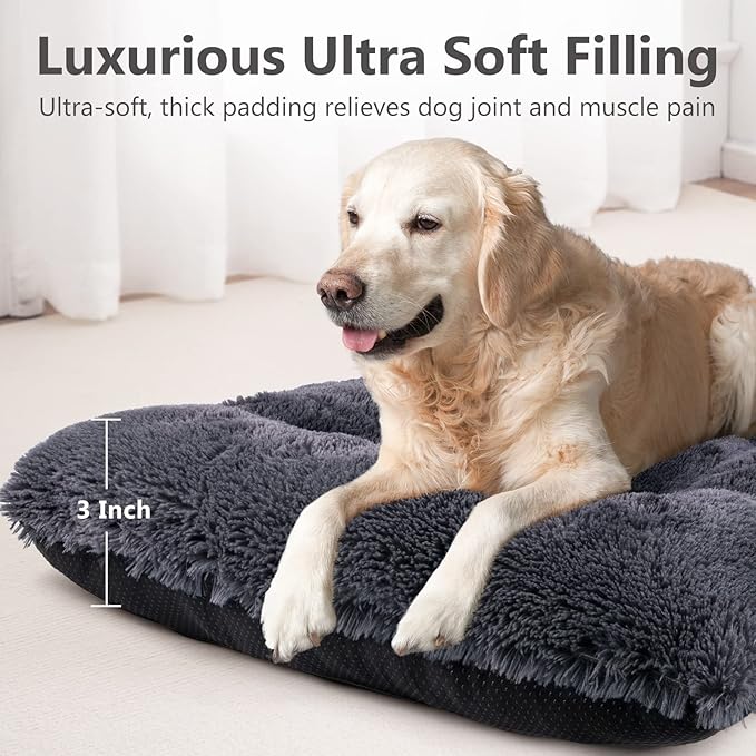 JOEJOY Dog Bed Crate Pad, Deluxe Plush Washable Dog Beds Fulffy Soft Kennel Pad Anti-Slip Pet Sleeping Mat for Medium Small Dogs, 29" x 21", Grey
