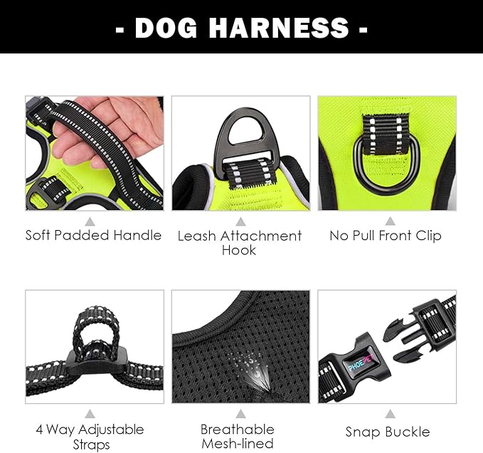 PHOEPET Reflective Dog Harness Large Breed Adjustable No Pull Vest with Handle 2 Metal Rings 3 Buckles [Easy to Put on & Take Off](XL, Green)