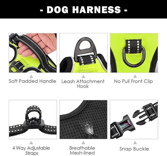 PHOEPET No Pull Dog Harness Medium Reflective Front Clip Vest with Handle,Adjustable 2 Metal Rings 3 Buckles,[Easy to Put on & Take Off](M, Green)