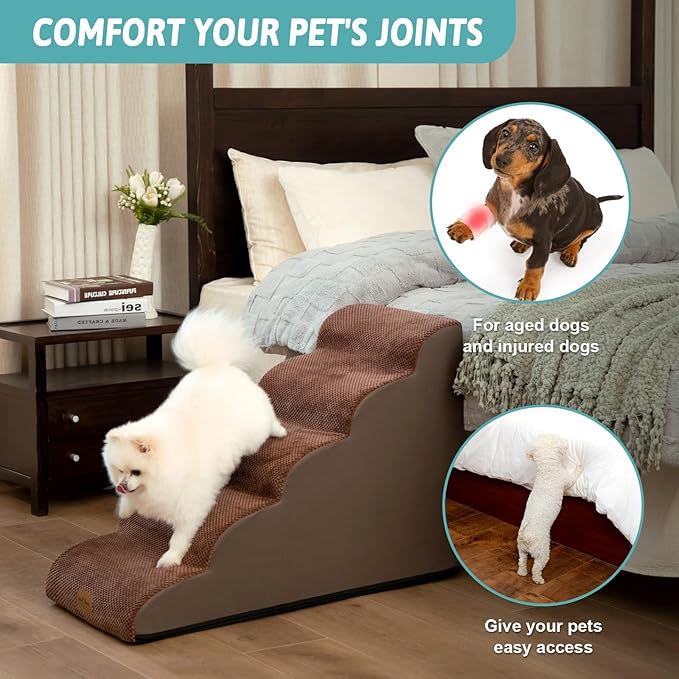 Dog Stairs for High Bed 22.6" H, Small Dog Step for Puppy, Older or Cat, Curved Ramp for Car, Ladder with High Density Foam, Lightweight, Durable, 15.7x33x22.6 inch, 5 Step, Brown