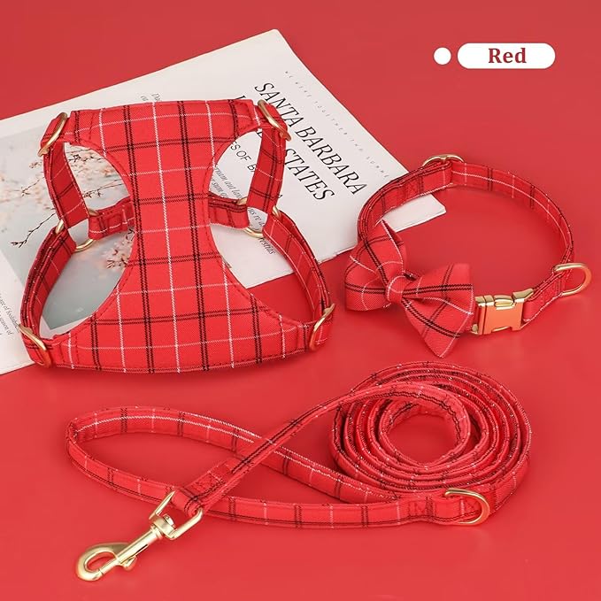 Beirui Cute Small Dog Harness Collar and Leash Set with Bowtie, Soft Adjustable Plaid Puppy Harness for Small Sized Dogs Cats Walks Parties and Photoshoots(Red,XS:Chest 13-18")