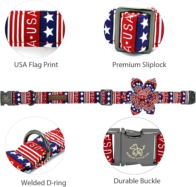 Elegant little tail Independence Dog Collar, Patriotic Pet Collar with Flower American 4th of July Pet Gift Cotton Soft Boy Girl Adjustable Collars for Large Dogs