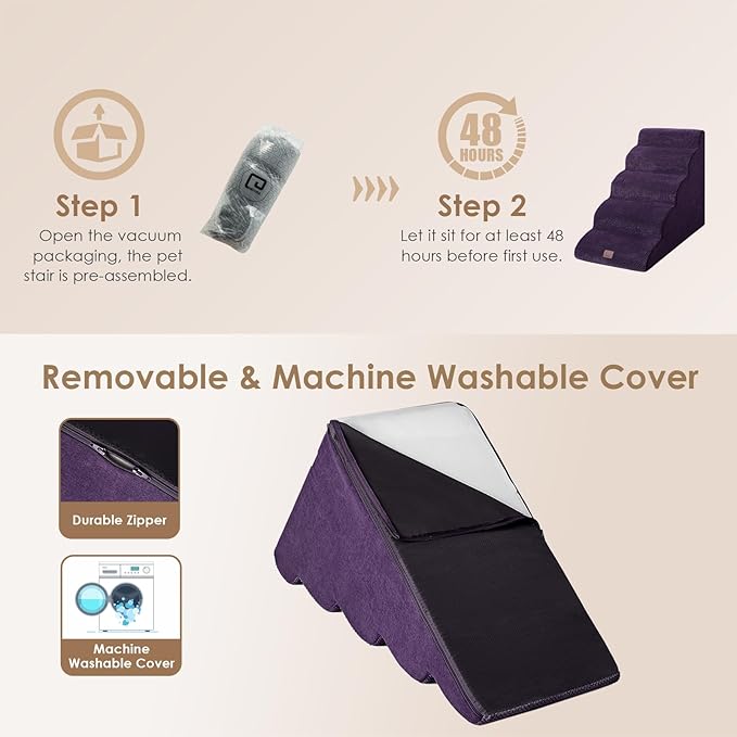 EHEYCIGA Curved Dog Stairs Ramp for High Beds 22.6" H, 5-Step Dog Steps for Small Dogs and Cats, Pet Stairs for High Bed Climbing, Non-Slip Balanced Pet Step Indoor, Purple