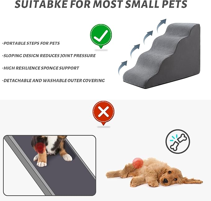 4-Step Dog Stairs and Ramp for Beds or Couches – Non-Slip Sturdy Pet Steps for Small Dogs and Cats,20.9" H,Grey