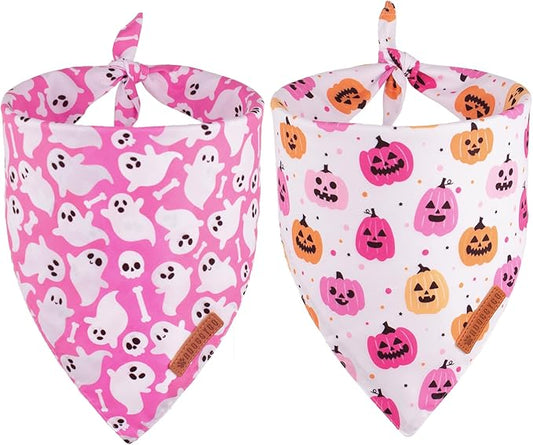 ADOGGYGO Halloween Dog Bandana, Pink Pumpkin Ghost Pet Scarf, Premium Durable Fabric, Adjustable Fit Female Halloween Bandanas for Medium Large Dogs Pets (Large)