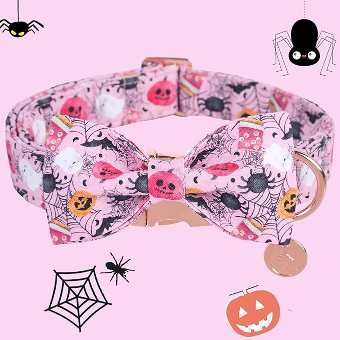 DOGWONG Fall Dog Collar with Bowtie - Pink Fall Dog Collar Soft Cotton Autumn Dogs Necklace - Halloween Puppy Necklace for Small Medium Large Dogs