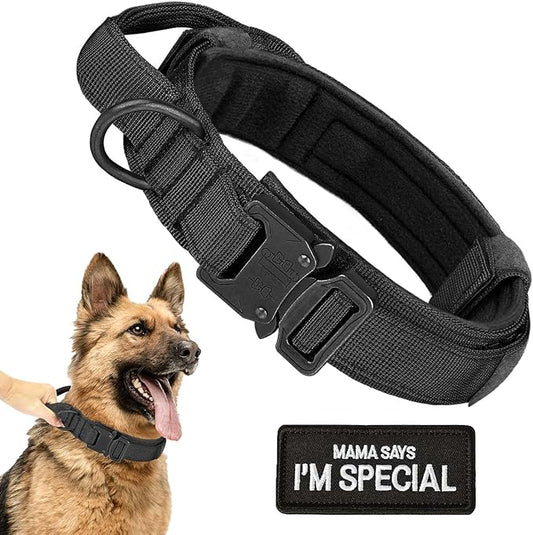 Tactical Dog Collar with Handle - Adjustable Nylon Training Military Dog Collar with Heavy Duty Metal Buckle Collar for Medium Large Dogs,with Patch