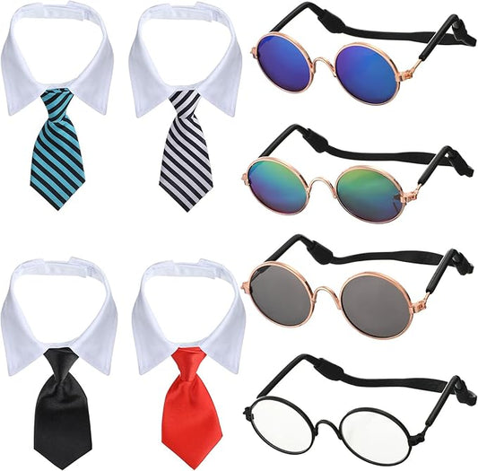 Weewooday 8 Pcs Pet Dog Cat Costume Cat Tie Collar Glasses for Small Dog Round Metal Retro Sunglasses Tie Pet Costume Tuxedo Necktie Collar Puppy Accessories Halloween Cosplay Party(Classic Colors)
