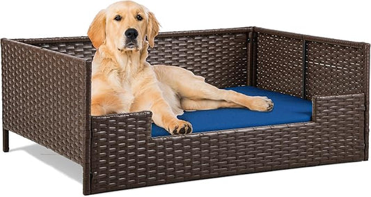 YITAHOME Rattan Dog Sofa Bed with Cushion,Wicker Pet Bed Sofa Couch Indoor Outdoor Water Resistant for Large Medium Small Dogs Cats (38.6''L*26.4''W*15''H,Blue)