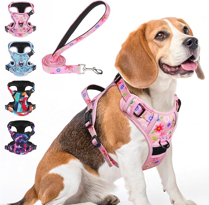 BEAUTYZOO No Pull Dog Harness Medium,Adjustable Dog Harness and Leash Set -Easy Wearing with 3 Buckles/Control Handle,No Choke Soft Padded Reflective Pet Vest for Training Walking Hiking,Pink M
