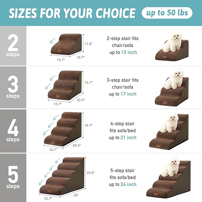 Dog Stairs for Small Dogs 15.7" H, Curved Dog Step for Puppy, Older Cat, Medium Pet Ramp for Sofa, Couch or Bed, Ladder with High Density Foam, 15.7x22.4x15.7 inch, 3 Step, Brown