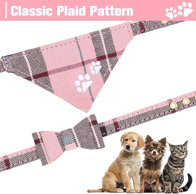 EXPAWLORER Puppy Collar and Leash Set - Plaid Dog Collar and Leash with Bow Tie and Bandana, Bell, XS Pink