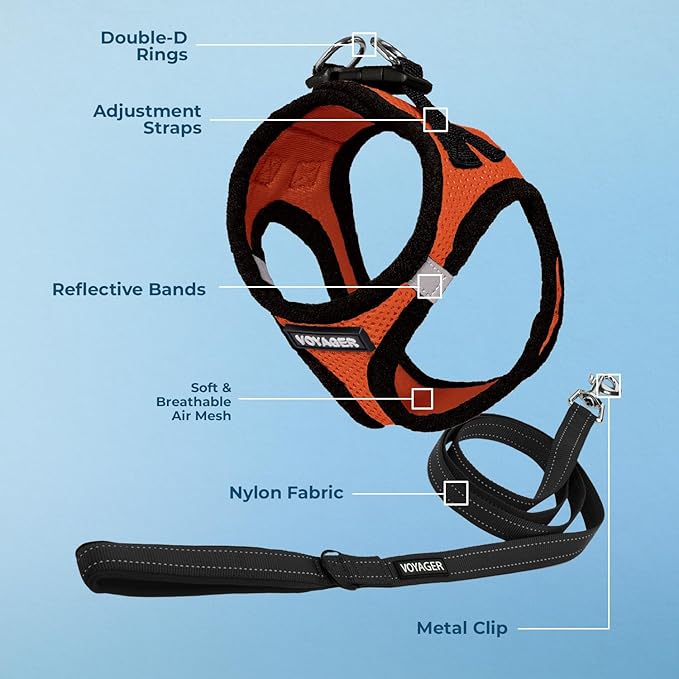 Voyager Step-in Air All Weather Mesh Harness and Reflective Dog 5 ft Leash Combo with Neoprene Handle, for Small, Medium and Large Breed Puppies by Best Pet Supplies - Orange/Black Trim, X-Large