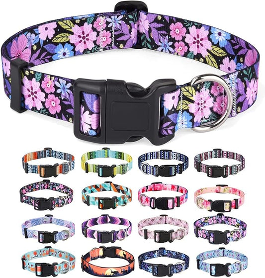 Dog Collar with Bohemia Floral Tribal Geometric Patterns - Soft Ethnic Style Collar Adjustable for Small Medium Large Dogs(Floral Pink,M)
