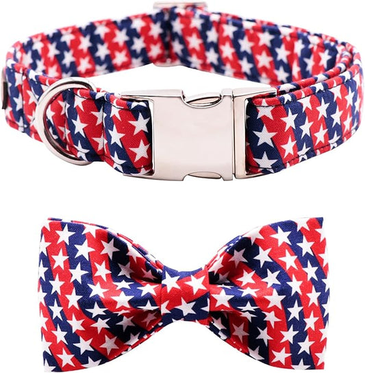 Lionet Paws Patriotic Dog Collar with Bowtie, 4th of July, Soft and Comfortable, Adjustable Collar for Large Dogs, Neck 16-24 inches
