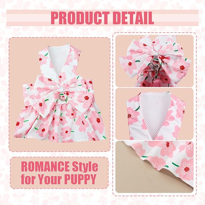 Dog Dress Bowknot Harness Leash Set for Small Girl Dogs Pink Floral Dog Cat Clothes Cute Puppy Outfits Pet Clothes Spring Summer Breathable Dresses(X-Samll)