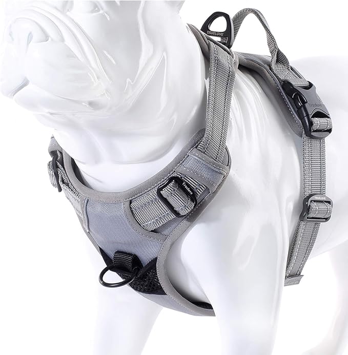 Truelove Soft Front Dog Harness .Reflective No Pull Harness with Handle and 2 Leash Attachments Gray