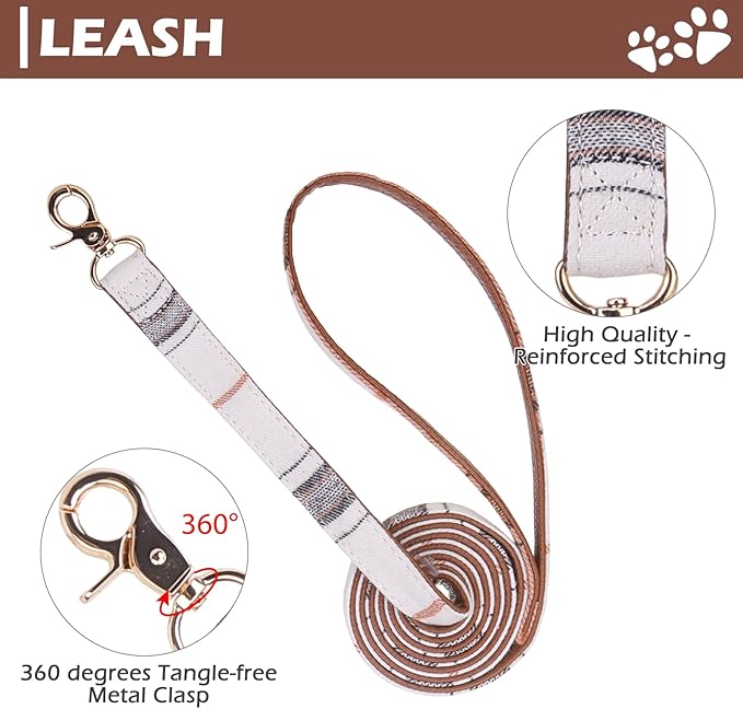 EXPAWLORER Dog Collar and Leash Set - Embroidery Pawprints Plaid Medium Dog Collar and Leash Set, Cute Dog Bandana Collar, Dog Collars for Small Medium Dogs Cats Girl Boy, Cream Medium