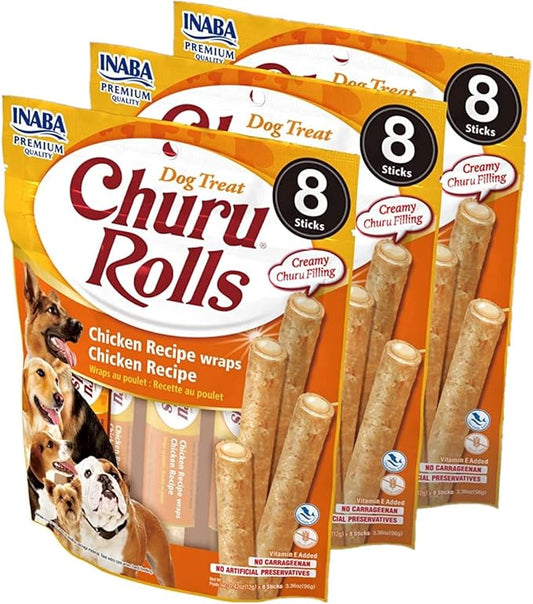 INABA Churu Rolls for Dogs, Grain-Free, Soft/Chewy Baked Chicken Wrapped Churu Filled Dog Treats, 0.42 Ounces Each Stick| 24 Stick Treats Total (8 Sticks per Pack), Chicken Recipe