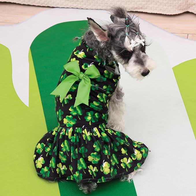 CuteBone Turtleneck Dog Velvet Dress St. Patrick's Day Four Leaf Clover Puppy Skirt Costume Pet Clothes Cat Apparel with Bow Hair Rope for Small Dogs CVD20XS