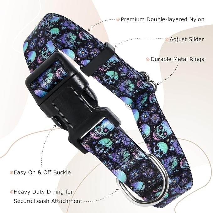 Dog Collars for Medium Boy and Girl Dogs, Adjustable Soft Skull Patterns Dog Collar with Quick Release Buckle for XS Small Medium Large Dogs (Skull M)