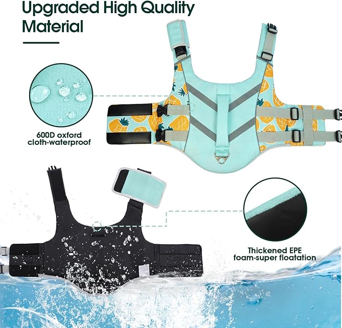 Kuoser Dog Life Jackets for Medium Dogs, Dog Life Vests for Swimming, Reflective Dog Life Vest Beach Boating with High Flotation, Dog Swim Vest for Medium Dogs, Pineapple M