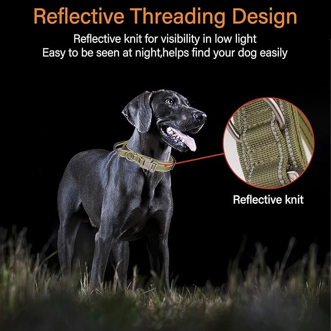 KCUCOP Tactical Dog Collar, Heavy Duty Dog Collar with Handle and Metal Buckle, Military Thick Dog Collars for Medium and Large Dogs(Green-Reflective Set-XL, 1 Patch)
