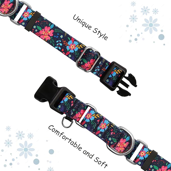 Slip Collar for Dogs Martingale Collar with Buckle Floral Adjustable Soft Nylon Dog Collars (Blue Pink Flower, Large)
