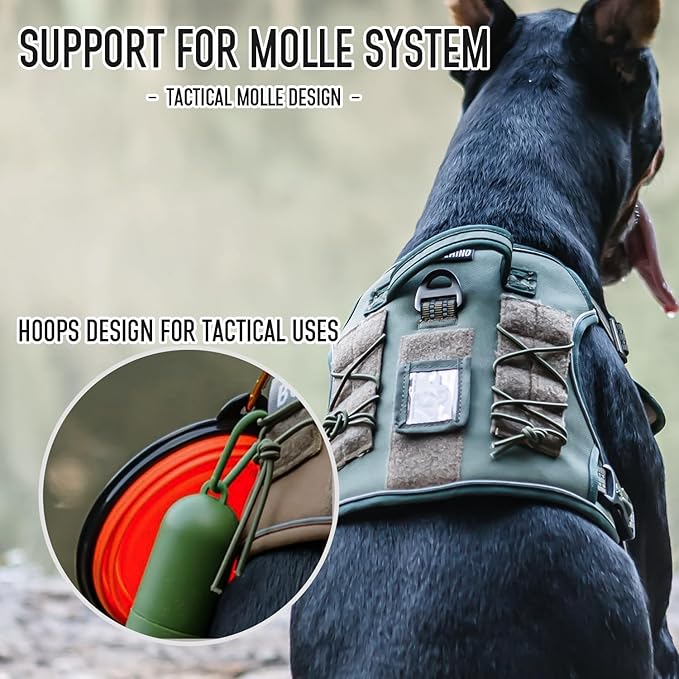 Tactical Dog Harness for Medium Large Dogs, Green Dog Harness with ID Card, Reflective Hiking Harness for Training Easy Control Dog Vest with Handle Green